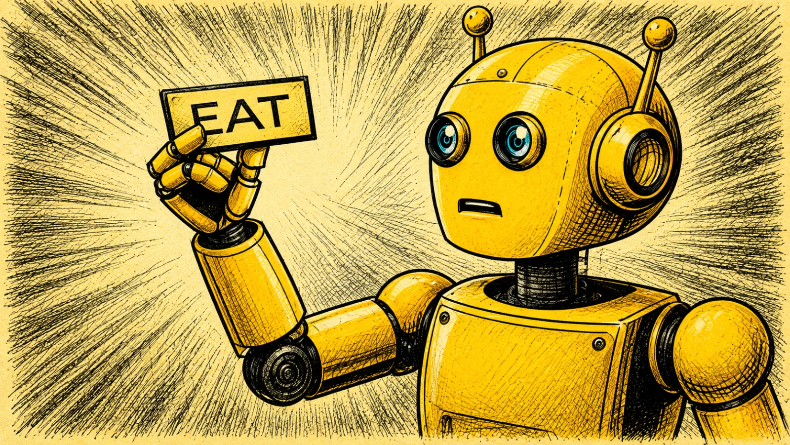 Робот с табличкой EAT – факторы E-E-A-T