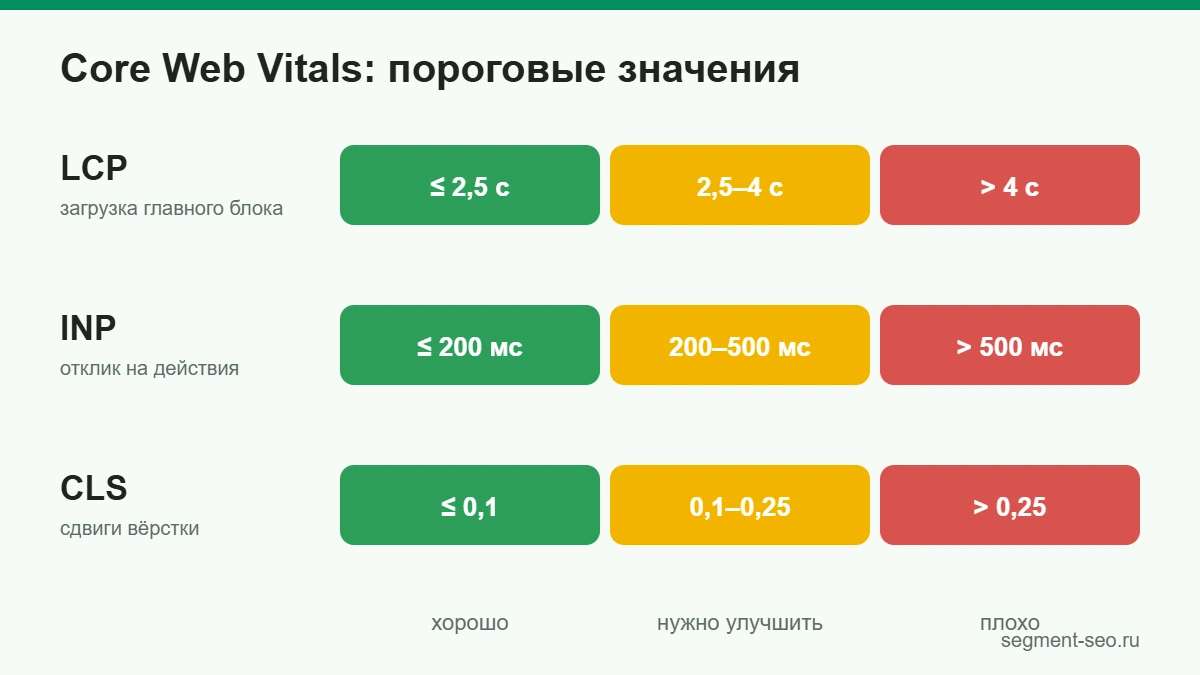 Пороги Core Web Vitals для мобильной версии: LCP, INP и CLS — хорошо, нужно улучшить, плохо