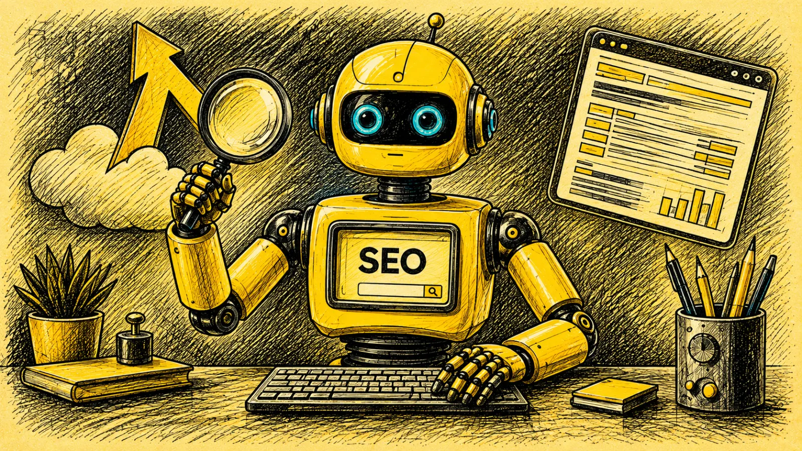 Робот SEO за компьютером с графиками – SEO с помощью нейросети