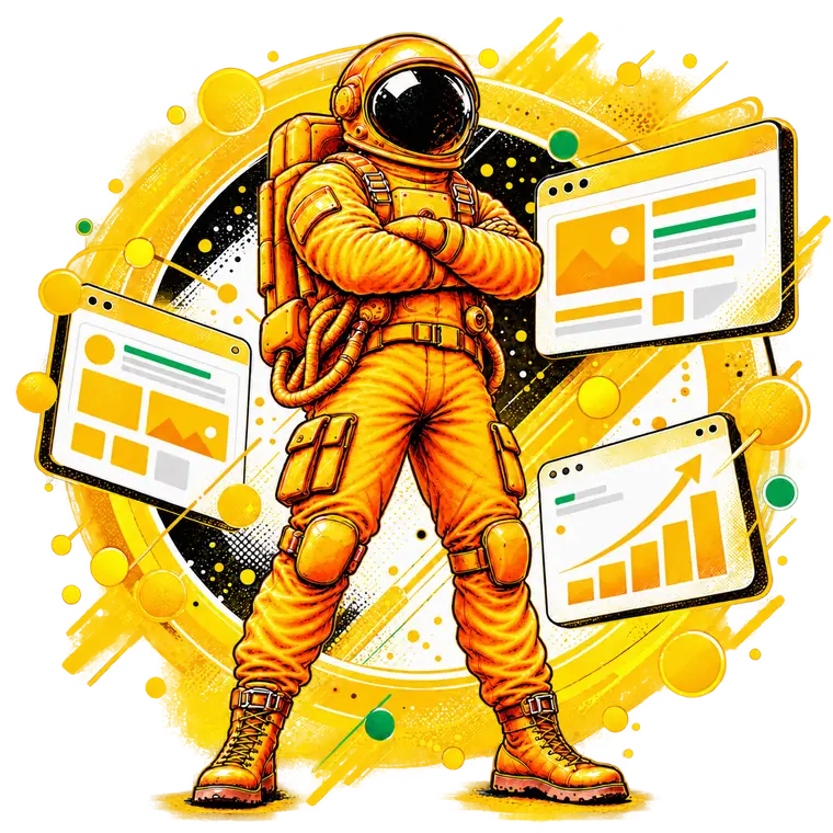 Космонавт со скрещёнными руками среди страниц сайта и графика роста – SEO-продвижение сайтов
