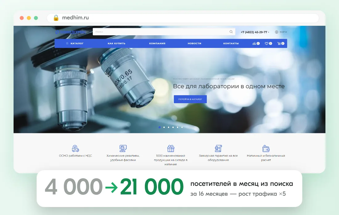 Сайт клиента и результат: Магазин лабораторного оборудования: трафик ×5 за 16 месяцев