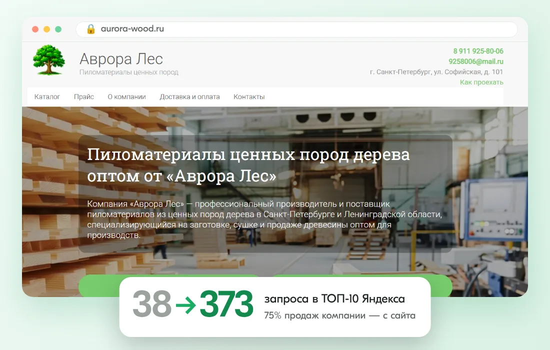 Сайт клиента и результат: Магазин пиломатериалов: от контекста к SEO-лидерству